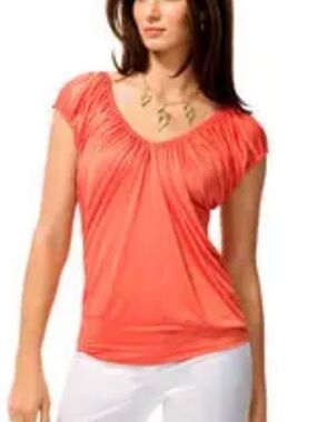 Cache Coral Orange Gathered Scoop Neck Short Sleeve Top Medium